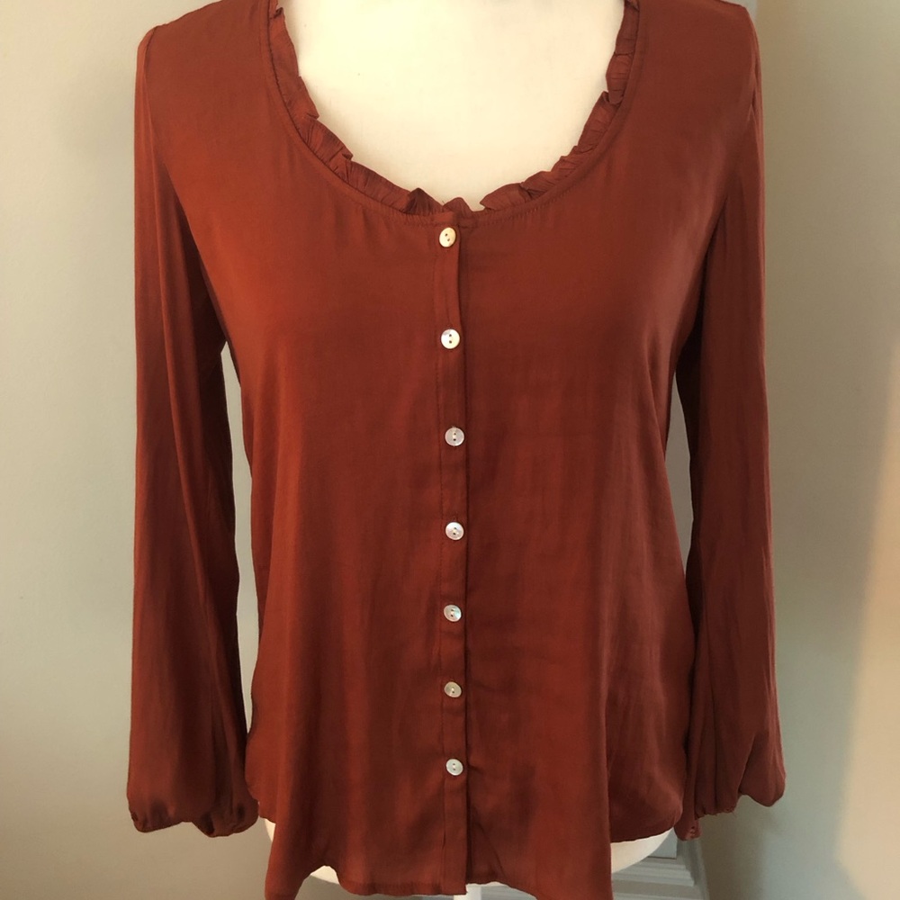 Rust Button-Front Long-Sleeve Women's Top
